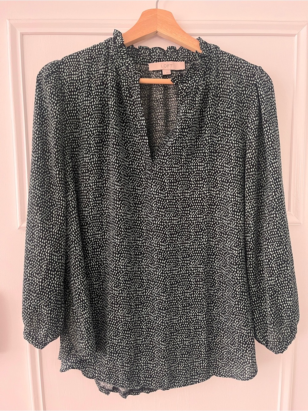 LOFT Navy and Aqua Speckle Ruffle Neck Blouse